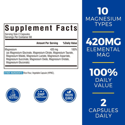 Vitalibre 10 in 1 Magnesium Complex, 420mg Elemental Magnesium | Ultra Strength, Max Absorption | Chelated Magnesium Supplement for Nerves, Bone & Heart Health | Non-GMO, 120 Vegan Capsules VitalibreBuy Supplements Australia