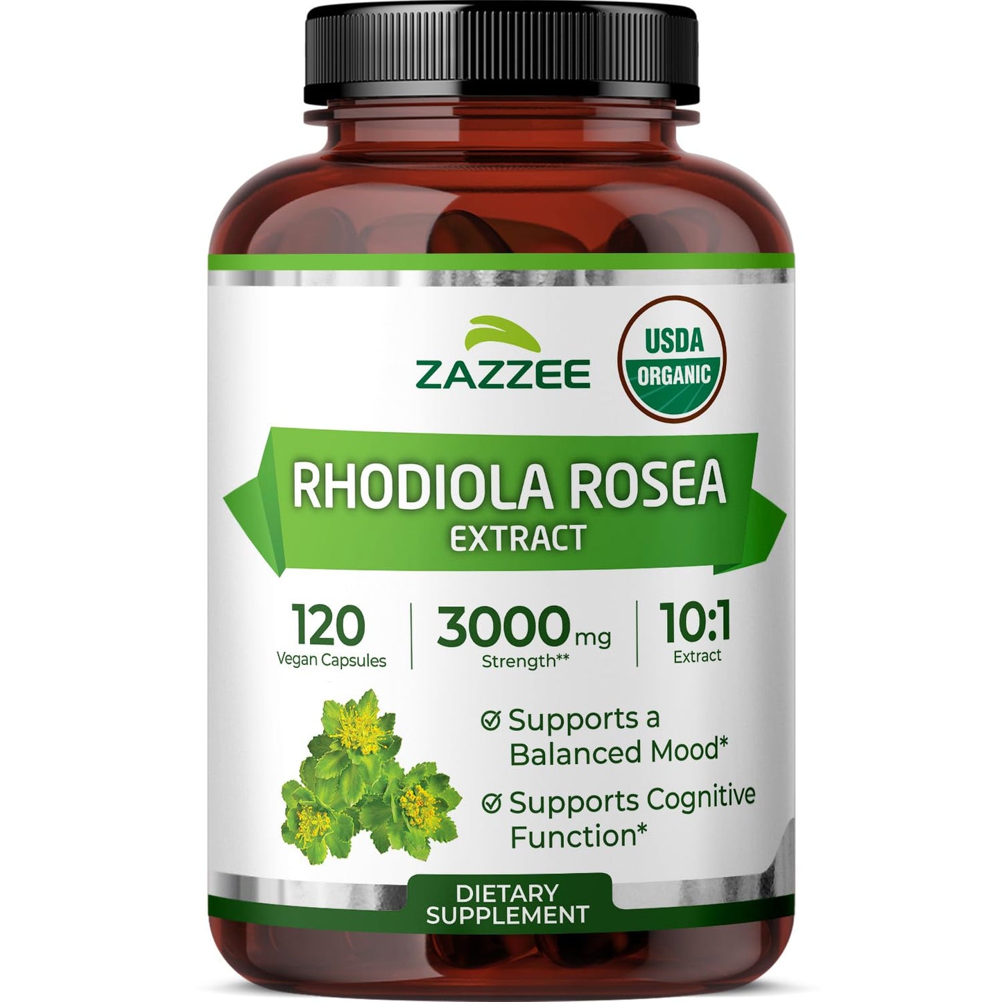 Zazzee USDA Organic Rhodiola 10:1 Extract, 120 Capsules, 4 Month Supply, Rhodiola Rosea, Energy, Stress & Mental Focus Support, Concentrated 10X Extract