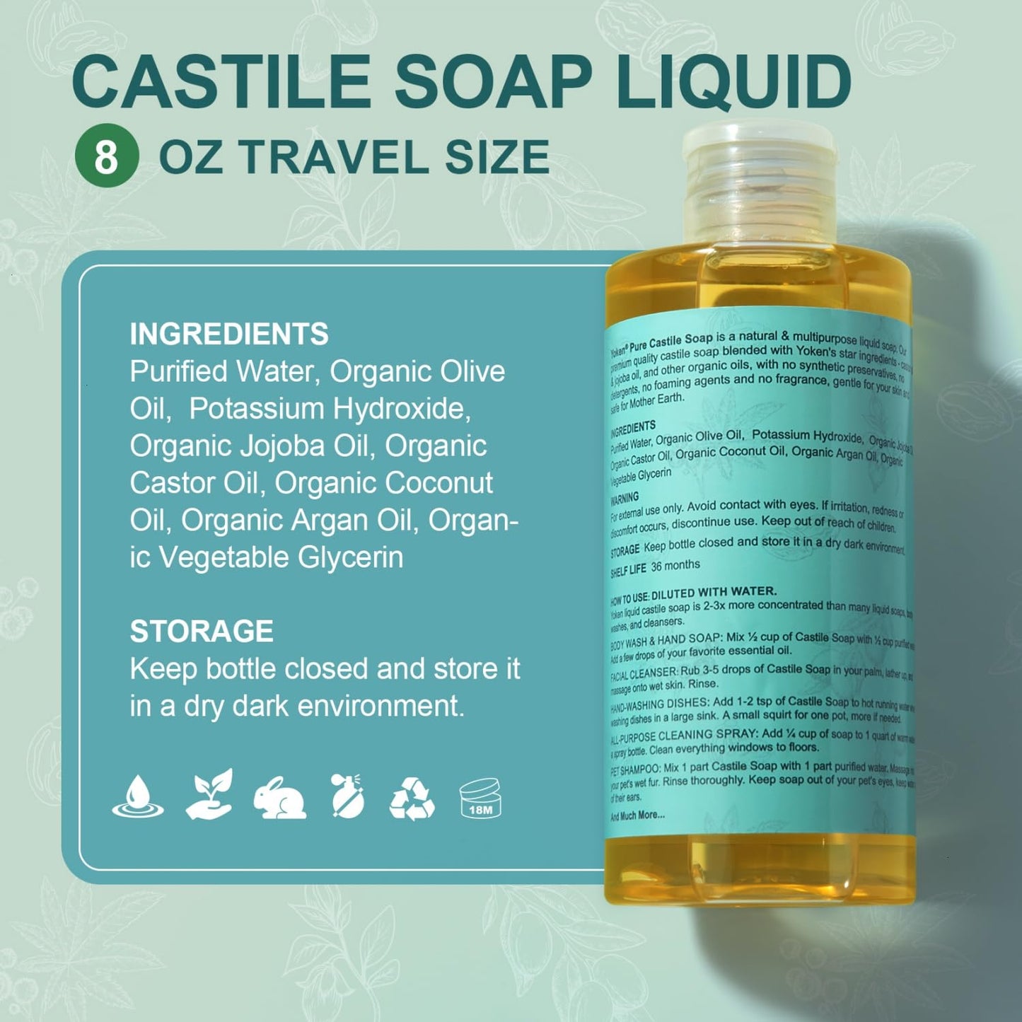 Yoken Pure Castile Liquid Soap Organic (EWG Verified, Unscented, 8 OZ), Made with Organic Oils, No Added Fragrance, Vegan, Castile Soap Liquid for Face