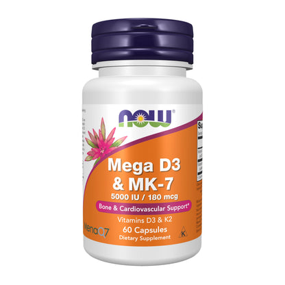 NOW Foods Supplements, Mega D-3 & MK-7 with Vitamins D-3 & K-2, 5,000 IU/180 mcg, Bone & Cardiovascular Support*, 60 Veg Capsules NOW Foods buy supplements Au