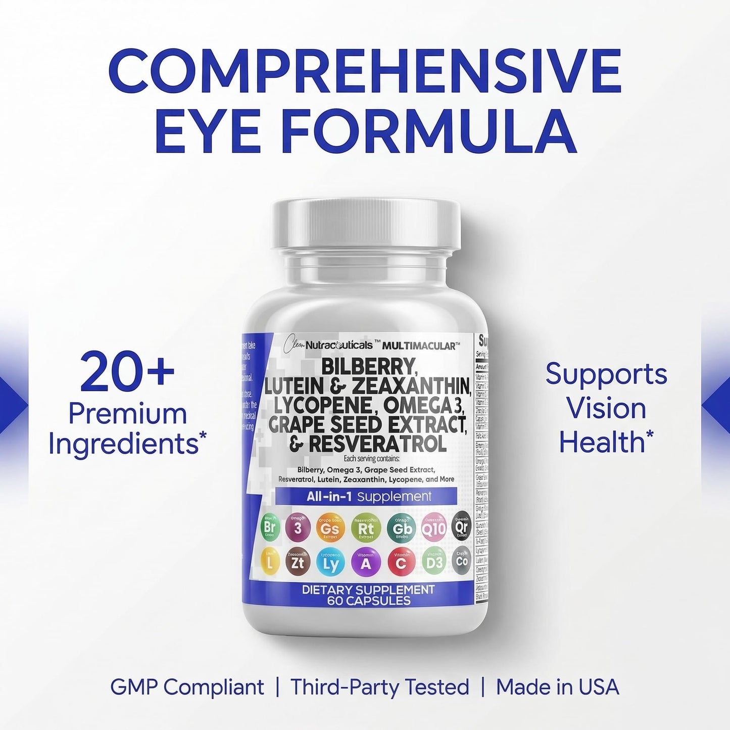 Clean Nutra Eye Vitamins with Bilberry Lutein and Zeaxanthin Supplements Lycopene 40mg Resveratrol Grape Seed Astaxanthin for Eyes - Eye Care Health Support Eye