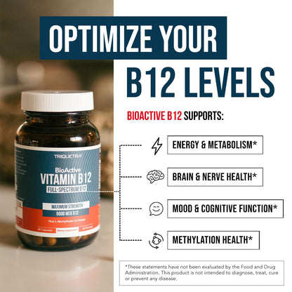 BioActive Vitamin B12 - 5000 mcg, Contains 3 BioActive Forms B12 Plus Methylfolate Cofactor - Methyl B12, Adenosyl B12 & Hydroxy B12 | Supports Energy