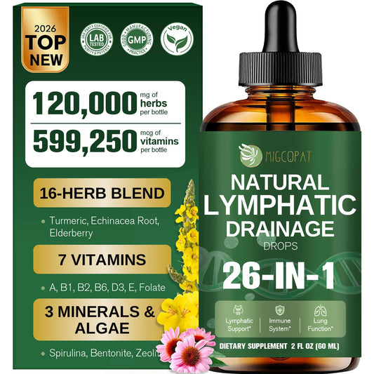 Migcopat 26-in-1 Liposomal Lymphatic Drainage Drops, Echinacea, Turmeric, Elderberry, Dandelion, Vitamins and Mullein Drops for Lungs, Lymphatic
