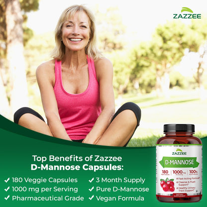 Zazzee D-Mannose, 1000 mg per Serving, 180 Vegan Capsules, 3 Month Supply, Potent & Fast-Acting, Certified Kosher, 100% Pure, All-Natural Urinary Tract Health Support, 100% Vegetarian, Non-GMO ZazzeeBuy Supplements Australia