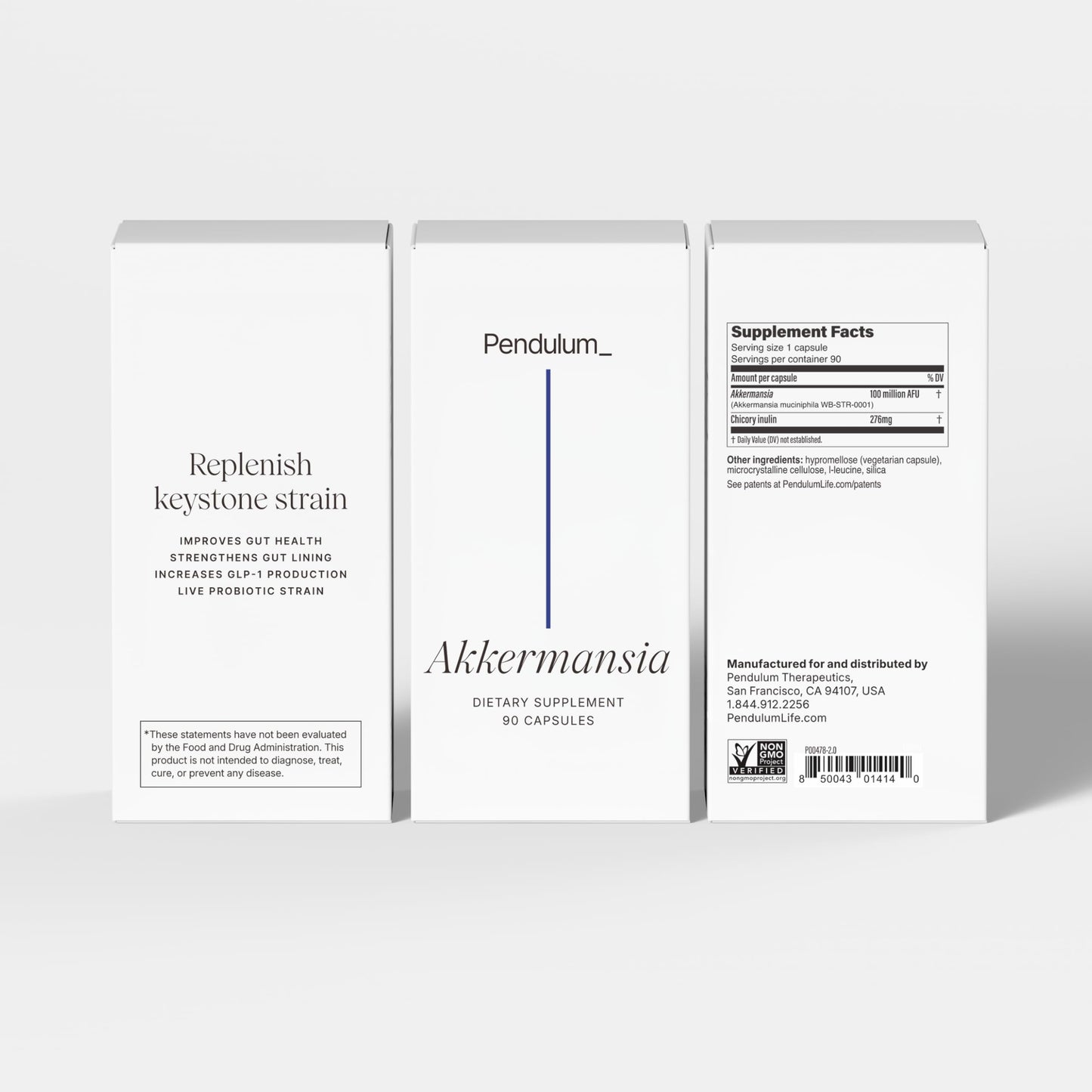 Pendulum Akkermansia Probiotic with Prebiotic Fiber - Delayed Release Capsules, Third-Party Tested, Authentic 100M AFU Live Strain for Gut Health