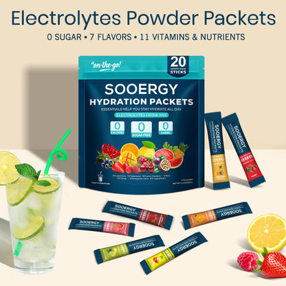 Sooergy Electrolytes Powder Packets Sugar Free Hydration Packets, 7 Flavors Liquid Daily IV Electrolyte Drink Mixes for Rehydration