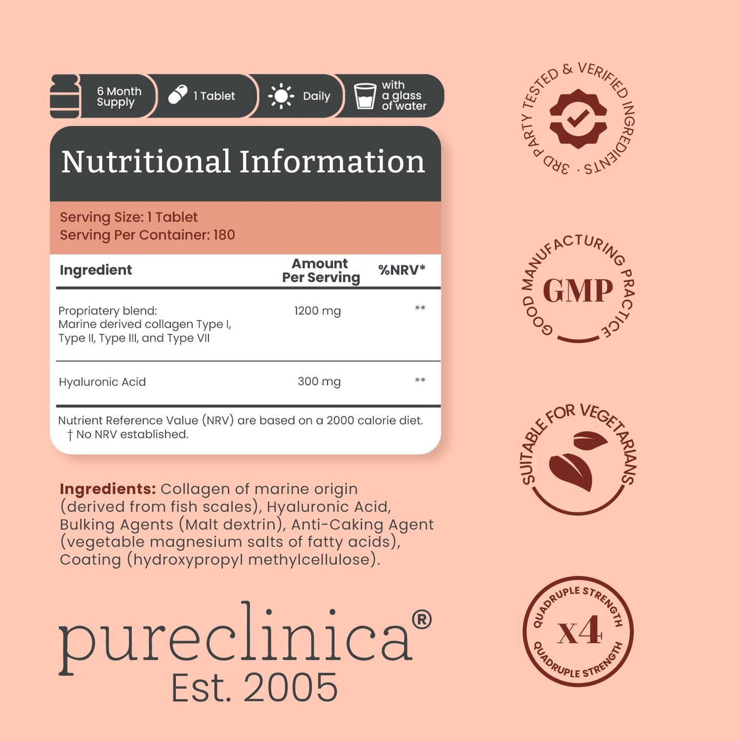 pureclinica 1500mg UltraColl Collagen (1200mg) and Hyaluronic Acid (300mg) x 180 Tablets - 6 Months Supply pureclinica buy supplements Au