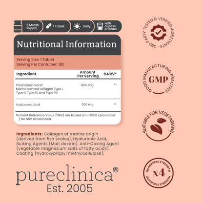 pureclinica 1500mg UltraColl Collagen (1200mg) and Hyaluronic Acid (300mg) x 180 Tablets - 6 Months Supply pureclinica buy supplements Au