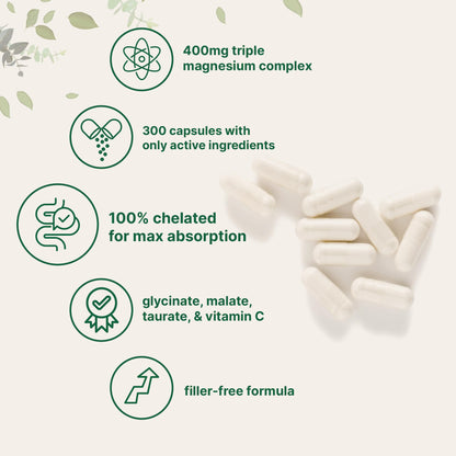 Micro Ingredients Pure Magnesium Complex, 300 Capsules | Triple Magnesium Glycinate, Malate, Taurate with Vitamin C | 100% Chelated | Supports Muscles, Nerves, & Energy | Only Active Ingredients Micro Ingredients buy supplements Au
