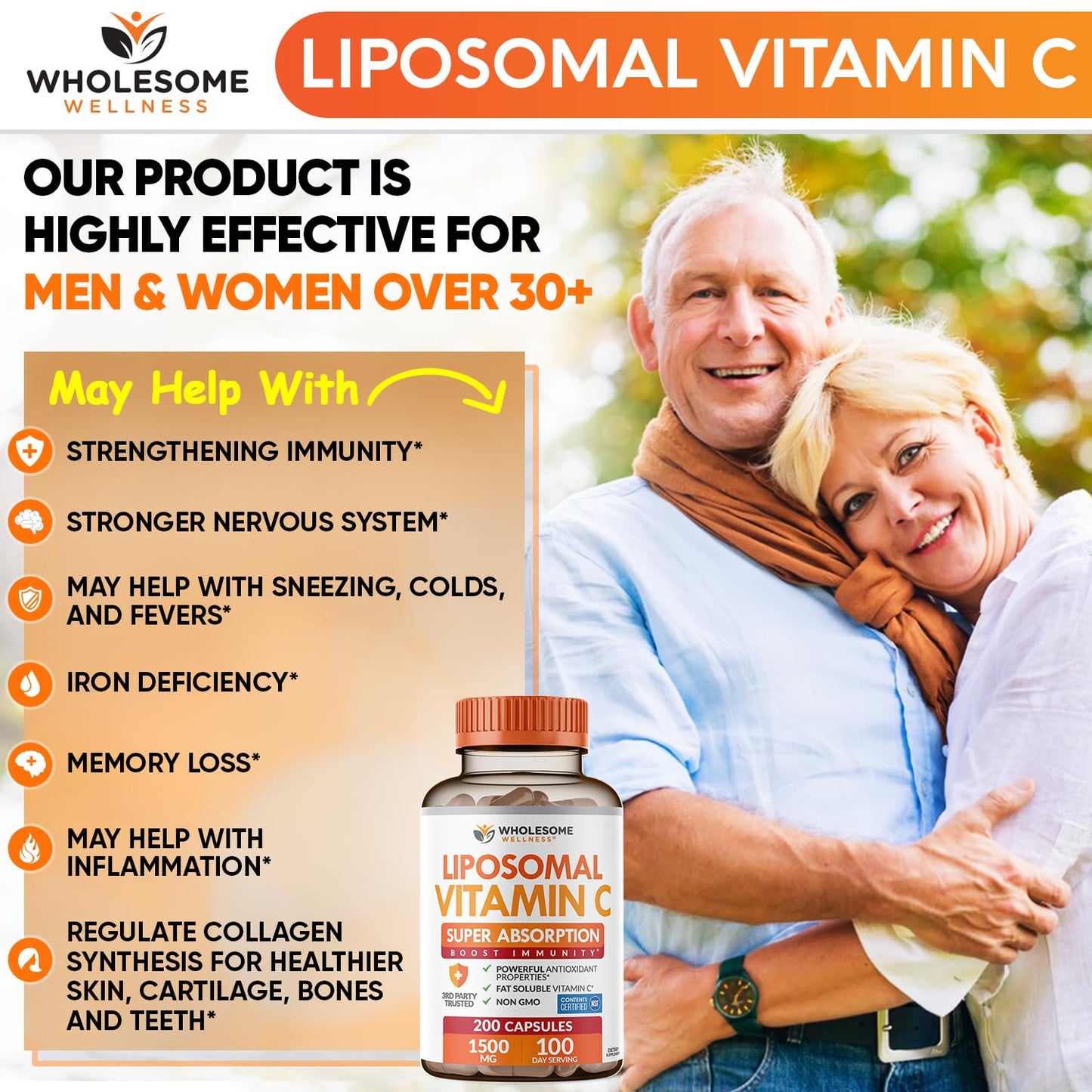 Wholesome Wellness Liposomal Vitamin C Capsules (200 Pills 1500mg Buffered) High Absorption, Immune System & Collagen Booster, High Dose Fat Soluble Immunity