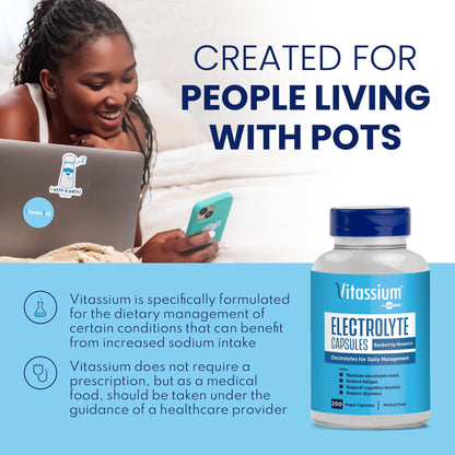 Vitassium Electrolyte Capsules, Electrolytes for The Management of POTS and High Sodium Diets (500mg Sodium - 100mg Potassium)