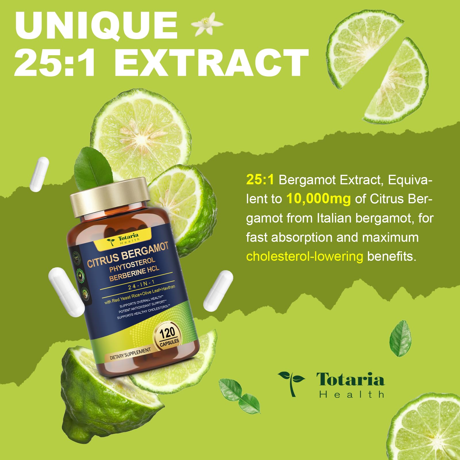 Citrus Bergamot Supplement for High Cholesterol - Italian Citrus Bergamot & Plant Sterols Stanols Natural Way to Balance Cholesterol Level, Cholesterol Lowering Supplements, Vegan, Non-GMO, 120 Counts TotariaBuy Supplements Australia
