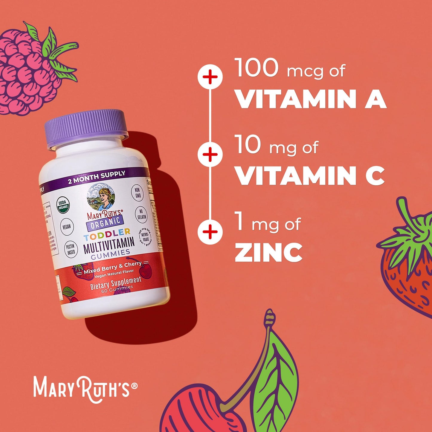 MARYRUTH'S Organic Toddler Multivitamin Gummies | Ages 4+ | Vitamin A, C, D, E, B6, B12, Biotin, Iodine, Zinc | Immunity | Bone & Teeth Health
