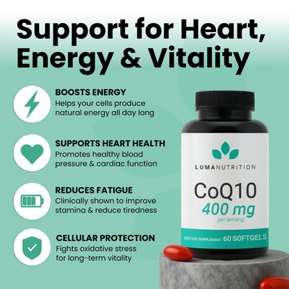 Luma Nutrition CoQ10 400mg Softgels - High-Absorption Coenzyme Q10 - Co Q-10 200mg / 400mg Per Serving - Heart Health - 60 Liquid Softgels