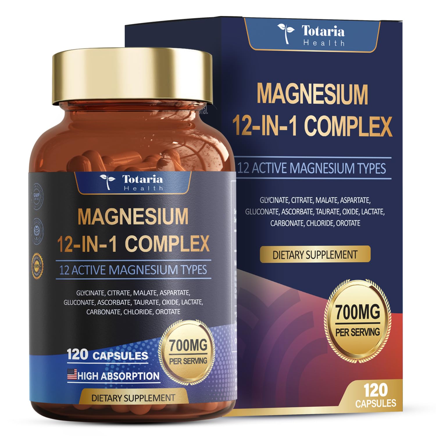Totaria Magnesium Complex 700mg 12 in 1 Magnesium Supplement with Glycinate Citrate Malate Oxide Taurate Aspartate Orotate Magnesium Relaxation,Muscle,Heart Support, Vegan 120 Capsules TotariaBuy Supplements Australia