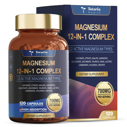 Totaria Magnesium Complex 700mg 12 in 1 Magnesium Supplement with Glycinate Citrate Malate Oxide Taurate Aspartate Orotate Magnesium Relaxation,Muscle,Heart Support, Vegan 120 Capsules TotariaBuy Supplements Australia