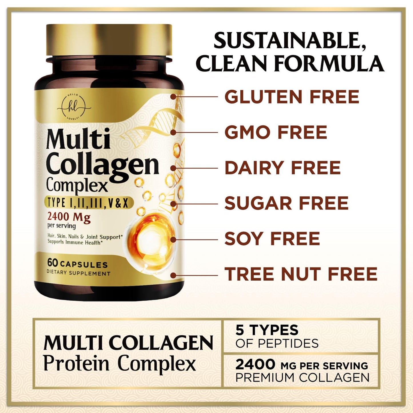 Multi Collagen Peptides for Women & Men - 2400mg per Serving - Best Hydrolyzed Collagen Complex with Type I, II, III, V, X - Hair, Skin, Nails & Joint Support Supplement - Bottled USA - 60 Capsules Hello Lovely! buy supplements Au
