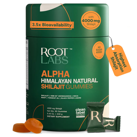 Root Labs Alpha Himalayan Natural Shilajit Gummies packaging with gummies on a white background