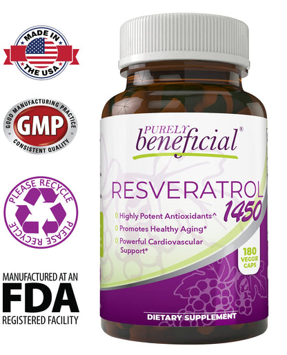 PURELY beneficial RESVERATROL1450-90day Supply, 1450mg per Serving of Potent Antioxidants & Trans-Resveratrol, Promotes Anti-Aging