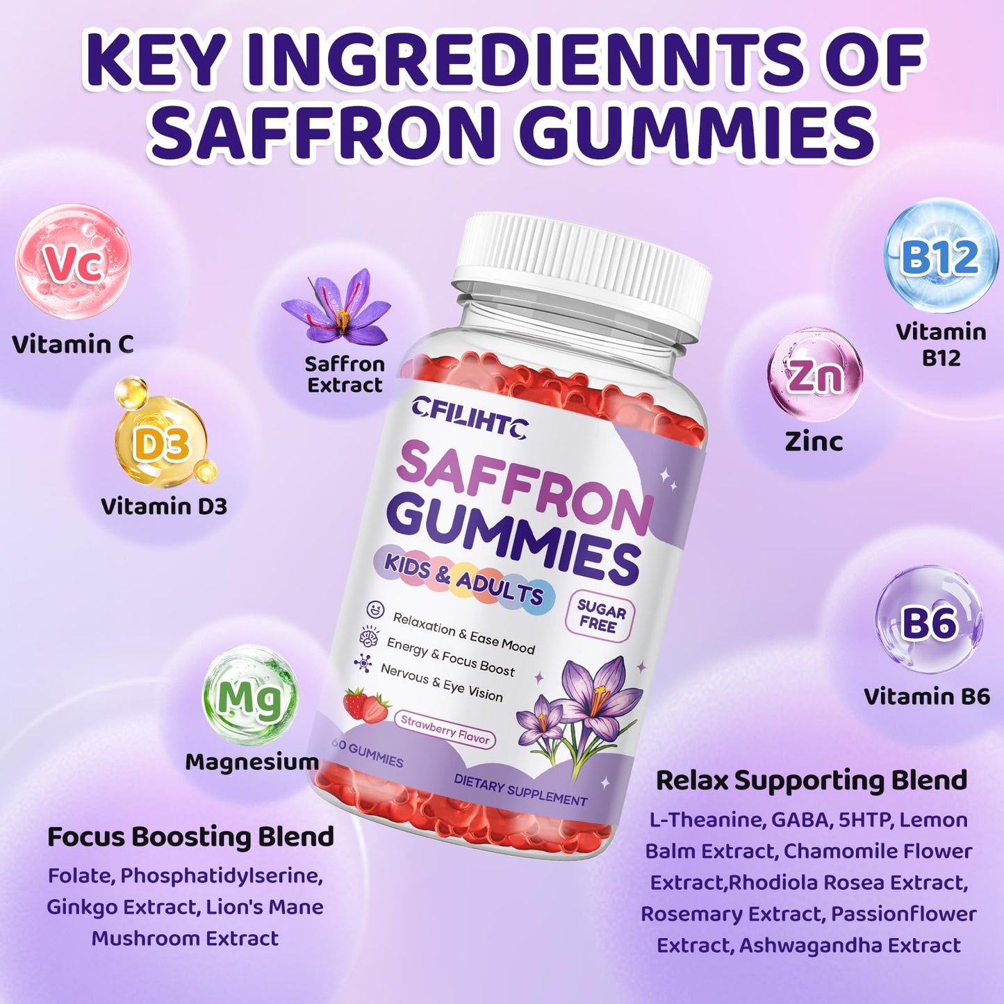 Saffron Gummies for Kids & Adults, 20-in-1 Saffron Supplements with 88.5mg Saffron Extract, B6, B12, C, D3, Magnesium for Calm, Focus, Nerve, Sugar Free, Vegan