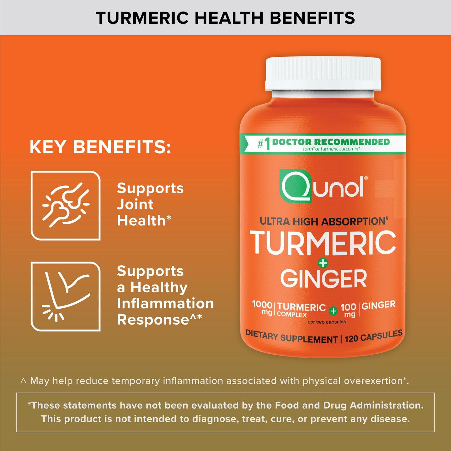 Qunol Turmeric and Ginger Capsules, 1000mg Turmeric Supplement, Ultra High Absorption to Support Joint Health, #1 Doctor Recommended Form