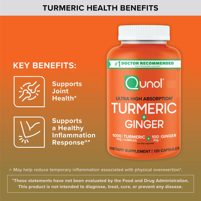 Qunol Turmeric and Ginger Capsules, 1000mg Turmeric Supplement, Ultra High Absorption to Support Joint Health, #1 Doctor Recommended Form