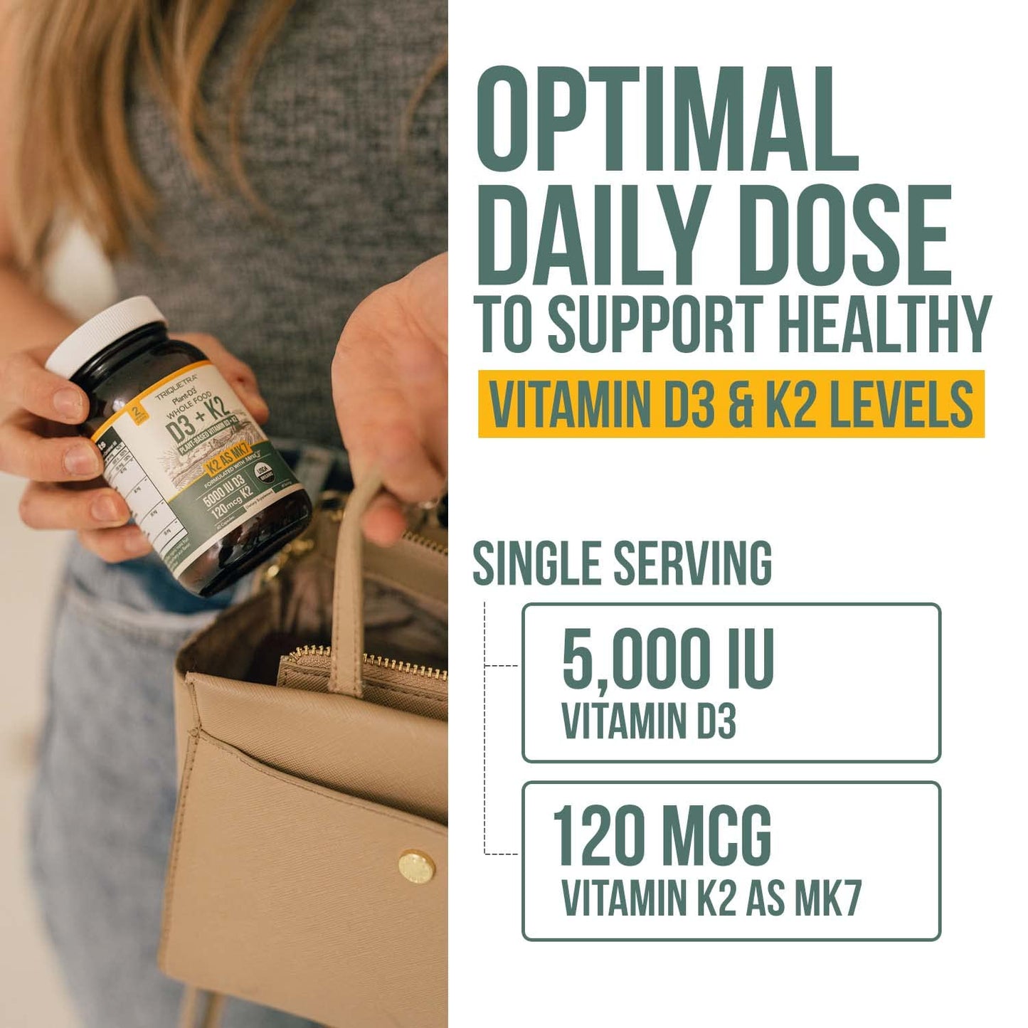 Organic Plant D3 + K2 | 5000 iu D3 + 120 mcg K2 as All-Trans MK7 from MenaQ7® - 100% Whole Food, Raw & Vegan | Enhanced Digestion with Prebiotic