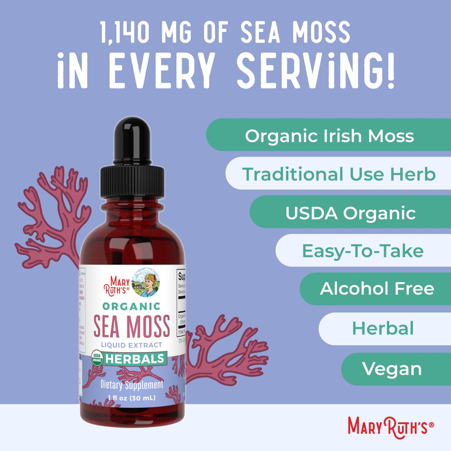 MARYRUTH'S Organic Irish Sea Moss Liquid Drops | Chondrus Crispus | Wild Harvested | Organic Irish Moss Formulated for Adults & Kids Ages 14+ | Unflavored