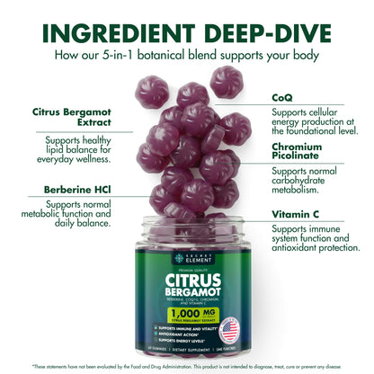 Citrus Bergamot 1000MG Gummies for Women and Men, Citrus Bergamot Extract with Berberine, CoQ10, Chromium & Vitamin C, Metabolic & Antioxidant Support,