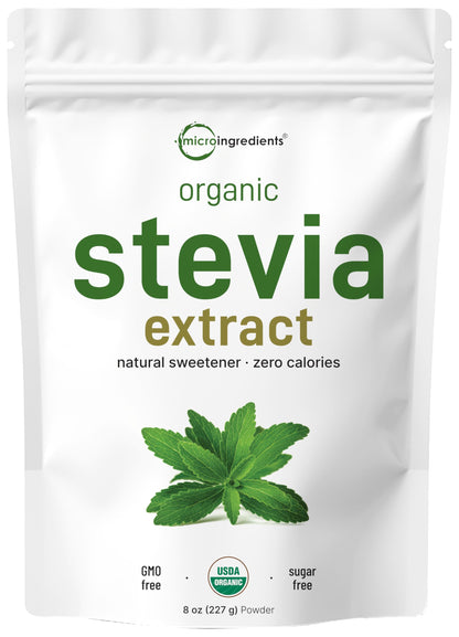 Micro Ingredients Pure Organic Stevia Powder, 8 Ounces, 1418 Serving, Highest Grade Stevia Green Leaf Extract Reb-A, Reduced Bitter Aftertaste, 0 Calorie, Natural Sweetener