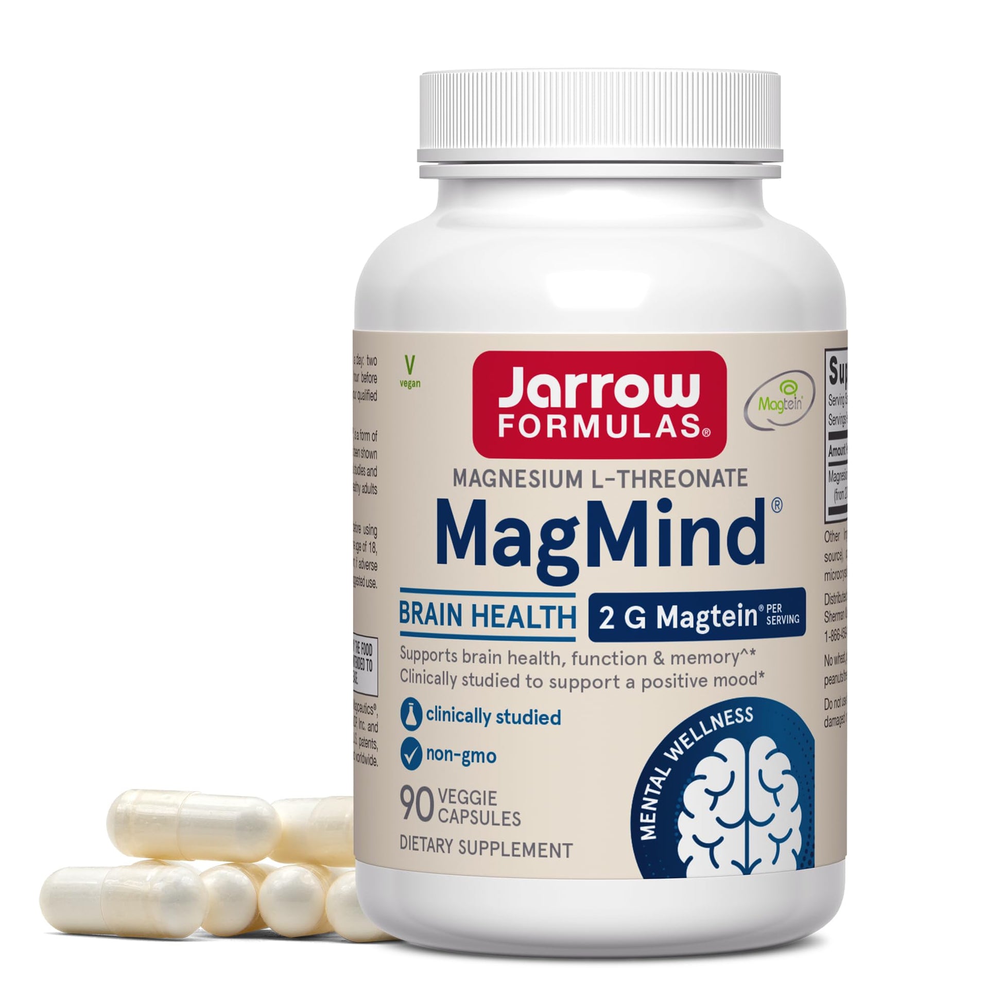 Jarrow Formulas Magnesium L-Threonate, MagMind Magtein Magnesium Supplement, Brain Supplements for Memory Support, 90 Veggie Capsules, Up to a 30 Day Supply Jarrow FormulasBuy Supplements Australia