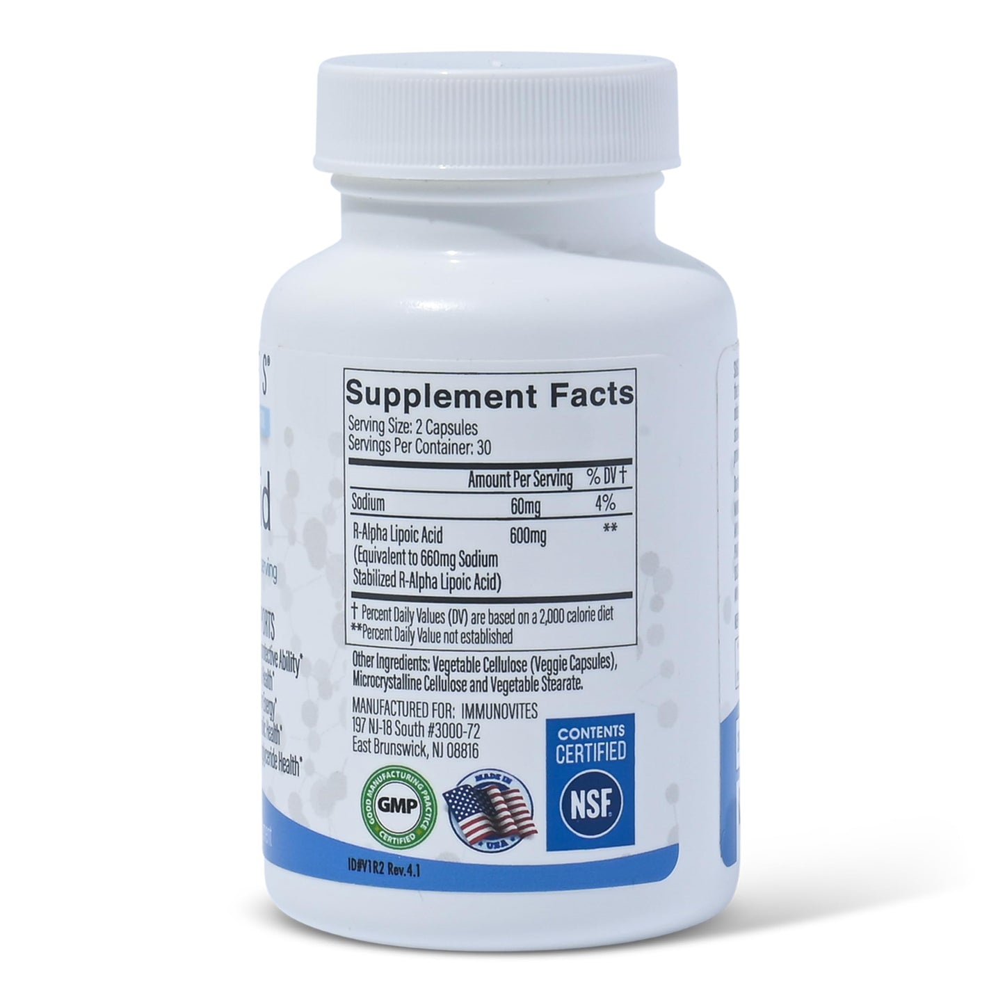 IMMUNOVITES Stabilized R-Alpha Lipoic Acid ((True)) 600mg per Serving [[High Potency & up to 40x Increased Absorption]]