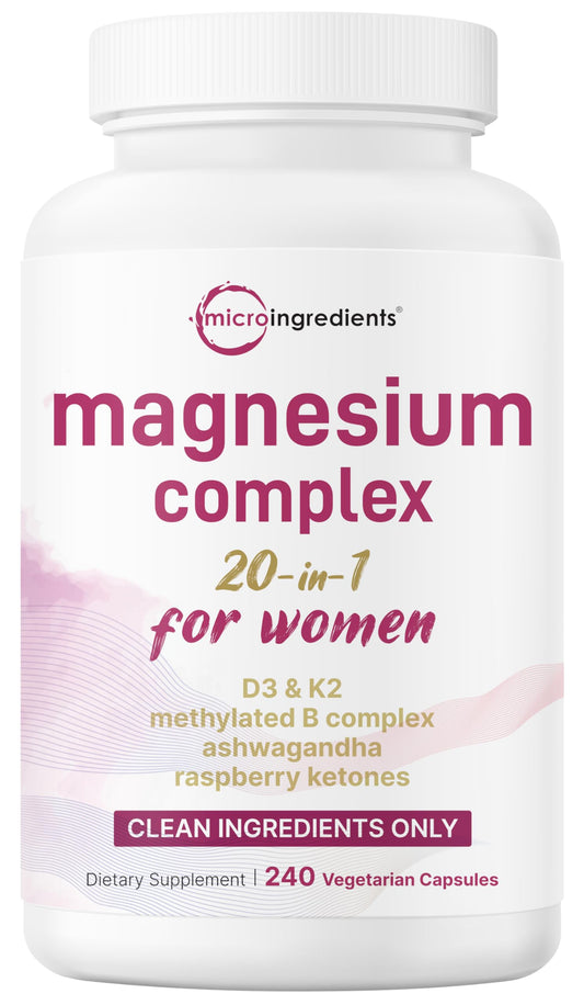 Supplement bottle labeled 'magnesium complex' for women with pink and white design.