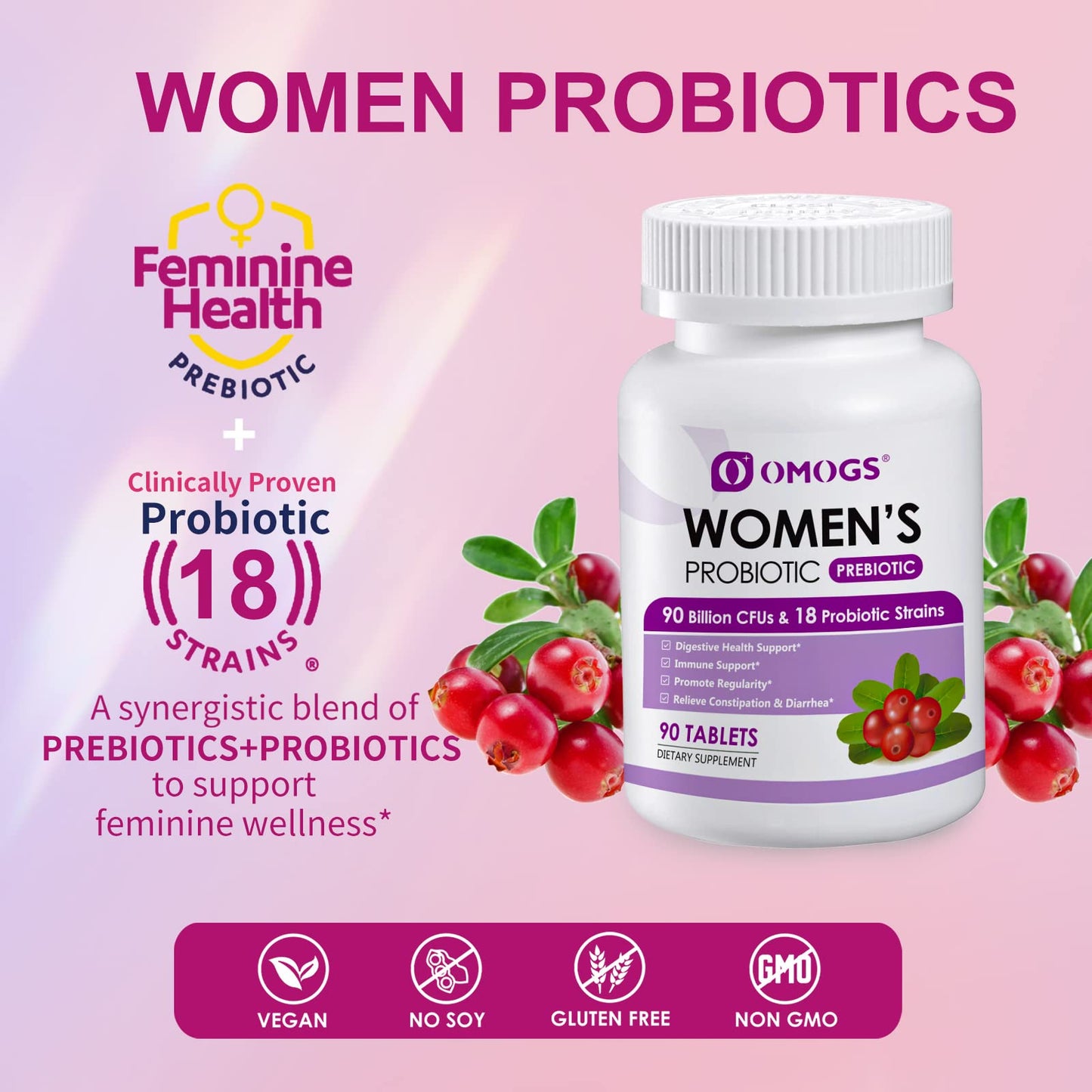 OMOGS Women's Probiotic, with Cranberry Extract, Organic Prebiotics & Vitamin C, 90 Billion CFUs,18 Strains, Help for Boost Immune, Digestive, Gut Health & Women's Health