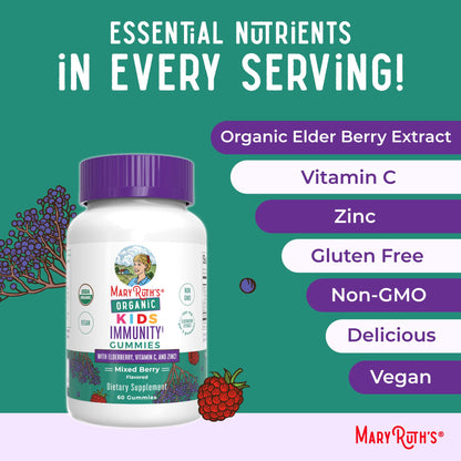 MaryRuth Organics Kids Immune Support Gummies | USDA Organic | Vitamin C, Zinc, and Elderberry Gummies for Kids| Immune Support for Ages 4+ | Vegan