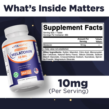 Vitamatic Melatonin 10 mg Fast Dissolve Tablets – Quick-Dissolving Sleep Support Supplement for Adults – Vegetarian, Non-GMO & Gluten-Free