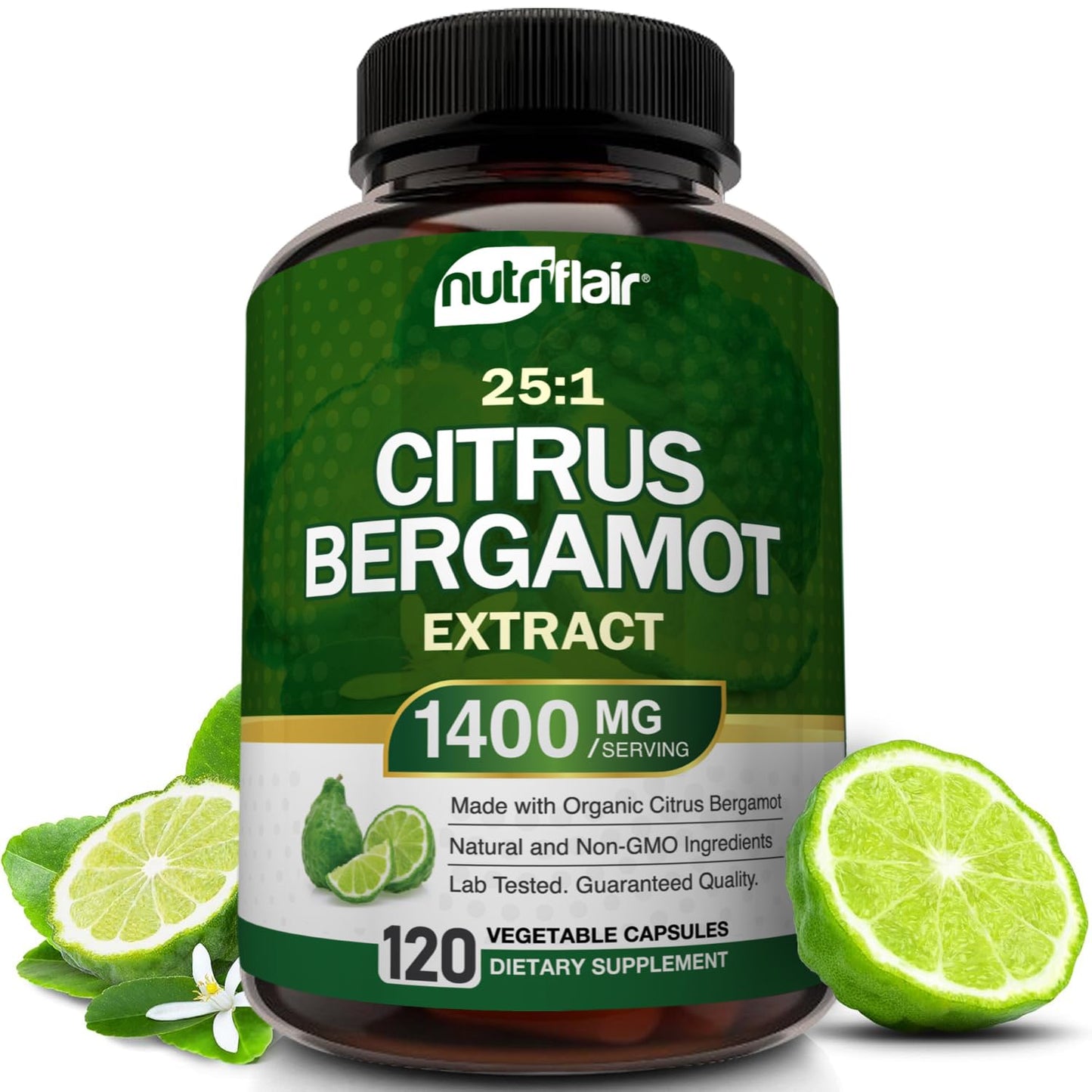 NutriFlair Organic Citrus Bergamot 1400mg, 120 Capsules - 25:1 Bergamia - Essential Oil and Citrus Bioflavonoids - Natural Heart Health Supplements