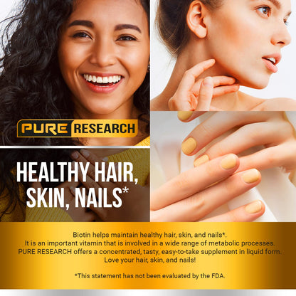 PURE RESEARCH Liquid Biotin & Collagen Hair Growth Drops 60,000mcg – Biotin and Liquid Collagen Supplements for Women & Men – Supports Glowing Skin