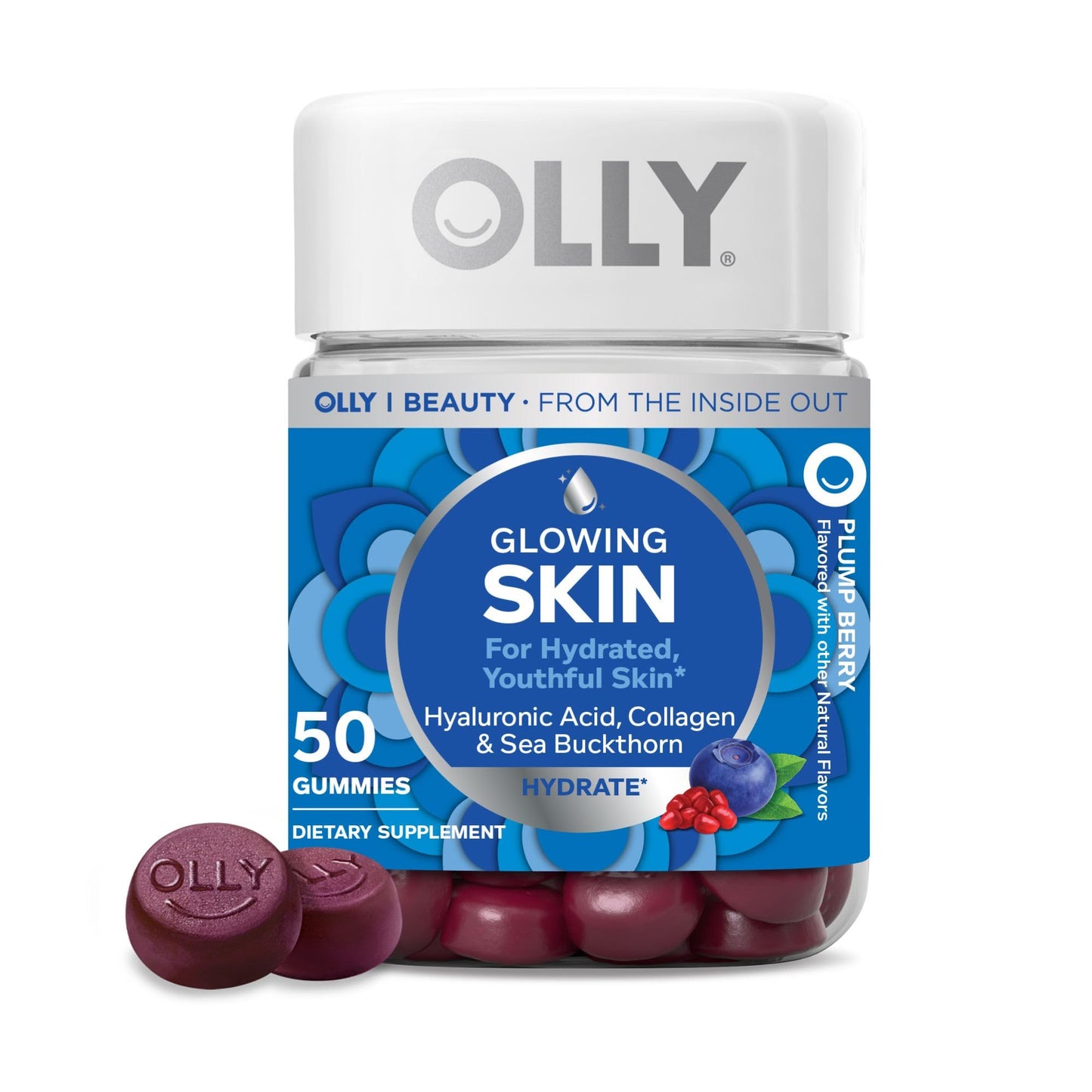 OLLY Glowing Skin Gummy, Hydrated & Youthful Skin,* Hyaluronic Acid, Collagen Peptides, Sea Buckthorn, Plump Berry Flavor