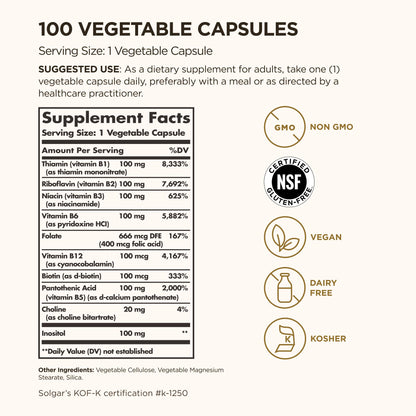 Solgar B-Complex "100", 100 Vegetable Capsules - Nervous System Support - Supports Energy Metabolism - Non-GMO, Vegan, Gluten Free,