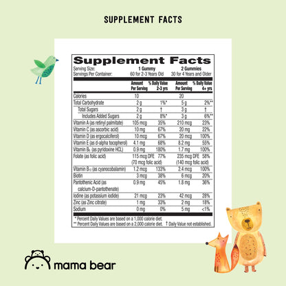 Amazon Brand - Mama Bear Organic Kids Multivitamin Gummies, Berry, Cherry & Orange, 60 Count, 1 Month Supply (Packaging May Vary)