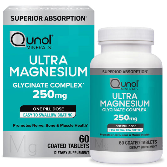 Qunol Magnesium Glycinate Complex, Gentle on Stomach, 250mg One Pill Dose, Superior-Absorption Magnesium, Nerve, Bone and Muscle Health Supplement, 60 Count (Pack of 1) QunolBuy Supplements Australia