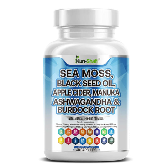 Supplement bottle labeled with health benefits on a white background