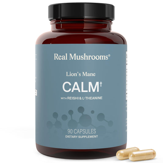 Real Mushrooms Calm Lions Mane Capsules (90 Count) – 400mg Organic Lions Mane Fruiting Body Extracts, 200mg Organic Reishi, 200mg AlphaWave L-Theanine for Calm Clarity & Relaxed Alertness, 90ct