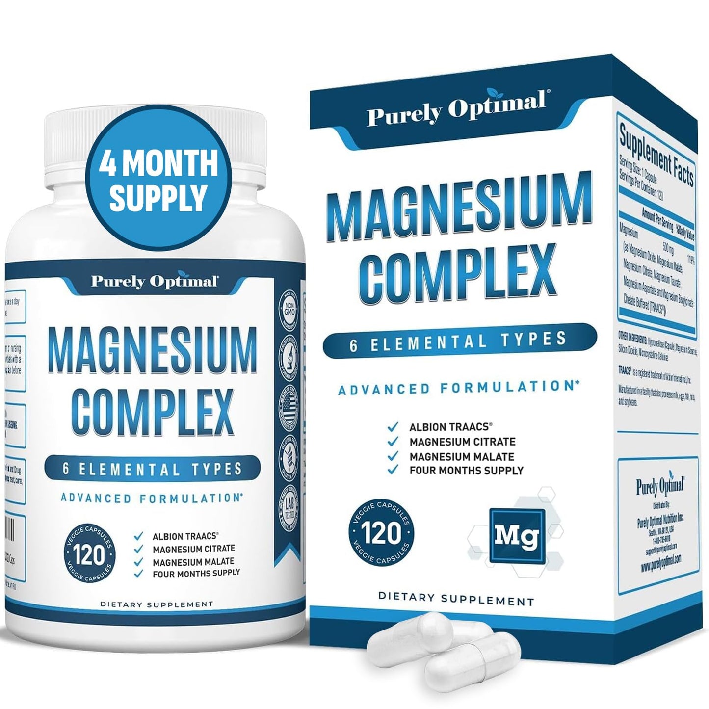 Purely Optimal Magnesium Complex supplement bottle and packaging on a white background