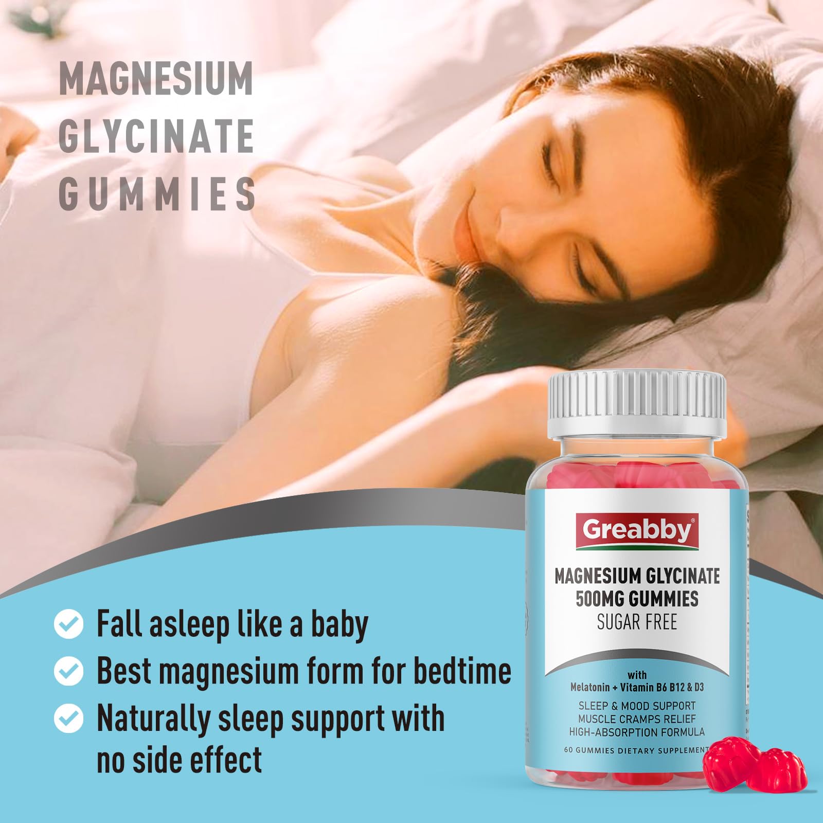 Greabby Magnesium Glycinate Gummies 500mg for Adults Sleep Support, Chewable Magnesium Gummies for Women & Men, Muscle Relief & Magnesium Supply (60 Count) GREABBYBuy Supplements Australia