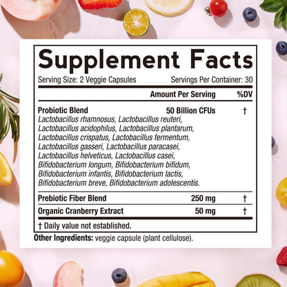 Doctor's Recipes Women's Probiotic, 60 Caps 50 Billion CFU 16 Strains, with Organic Cranberry, Digestive Immune Vaginal & Urinary Health, Shelf Stable