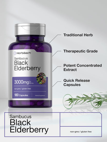 Horbäach Black Elderberry | 180 Count | Non-GMO, Gluten Free | Sambucus Extract Supplement
