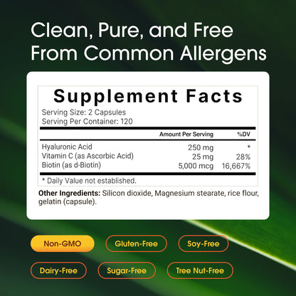 NatureBell Hyaluronic Acid 250mg - 240 Capsules - 250mg Hyaluronic Acid, 5000mcg Biotin & 25 mg Vitamin C - Supports Skin