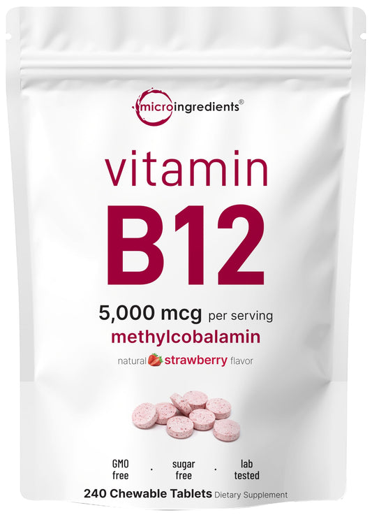 Micro Ingredients Vitamin B12 5,000 mcg | Methylcobalamin – 240 Chewable Tablets | Fast Dissolve, Natural Strawberry Flavor